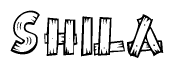 The image contains the name Shila written in a decorative, stylized font with a hand-drawn appearance. The lines are made up of what appears to be planks of wood, which are nailed together