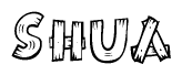 The image contains the name Shua written in a decorative, stylized font with a hand-drawn appearance. The lines are made up of what appears to be planks of wood, which are nailed together