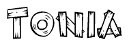 The image contains the name Tonia written in a decorative, stylized font with a hand-drawn appearance. The lines are made up of what appears to be planks of wood, which are nailed together