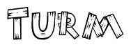 The clipart image shows the name Turm stylized to look like it is constructed out of separate wooden planks or boards, with each letter having wood grain and plank-like details.