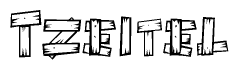 The image contains the name Tzeitel written in a decorative, stylized font with a hand-drawn appearance. The lines are made up of what appears to be planks of wood, which are nailed together