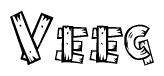 The image contains the name Veeg written in a decorative, stylized font with a hand-drawn appearance. The lines are made up of what appears to be planks of wood, which are nailed together