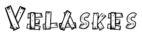 The clipart image shows the name Velaskes stylized to look as if it has been constructed out of wooden planks or logs. Each letter is designed to resemble pieces of wood.