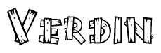 The image contains the name Verdin written in a decorative, stylized font with a hand-drawn appearance. The lines are made up of what appears to be planks of wood, which are nailed together