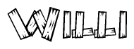 The clipart image shows the name Willi stylized to look like it is constructed out of separate wooden planks or boards, with each letter having wood grain and plank-like details.