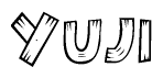 The image contains the name Yuji written in a decorative, stylized font with a hand-drawn appearance. The lines are made up of what appears to be planks of wood, which are nailed together