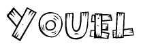 The clipart image shows the name Youel stylized to look as if it has been constructed out of wooden planks or logs. Each letter is designed to resemble pieces of wood.