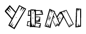 The image contains the name Yemi written in a decorative, stylized font with a hand-drawn appearance. The lines are made up of what appears to be planks of wood, which are nailed together