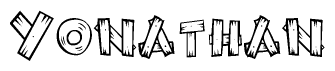 The image contains the name Yonathan written in a decorative, stylized font with a hand-drawn appearance. The lines are made up of what appears to be planks of wood, which are nailed together