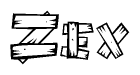 The image contains the name Zex written in a decorative, stylized font with a hand-drawn appearance. The lines are made up of what appears to be planks of wood, which are nailed together