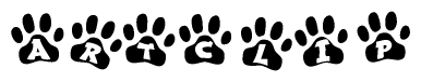 The image shows a series of animal paw prints arranged in a horizontal line. Each paw print contains a letter, and together they spell out the word Artclip.
