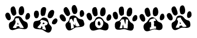 The image shows a series of animal paw prints arranged in a horizontal line. Each paw print contains a letter, and together they spell out the word Armonia.