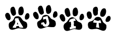 The image shows a row of animal paw prints, each containing a letter. The letters spell out the word Ajit within the paw prints.