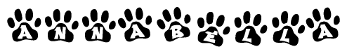 The image shows a row of animal paw prints, each containing a letter. The letters spell out the word Annabella within the paw prints.
