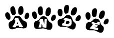 The image shows a row of animal paw prints, each containing a letter. The letters spell out the word Ande within the paw prints.
