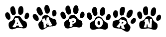 The image shows a series of animal paw prints arranged horizontally. Within each paw print, there's a letter; together they spell Amporn