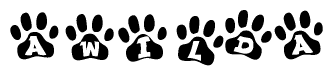The image shows a row of animal paw prints, each containing a letter. The letters spell out the word Awilda within the paw prints.