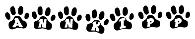 The image shows a row of animal paw prints, each containing a letter. The letters spell out the word Annkipp within the paw prints.