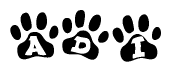 The image shows a series of animal paw prints arranged in a horizontal line. Each paw print contains a letter, and together they spell out the word Adi.