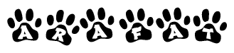 The image shows a series of animal paw prints arranged in a horizontal line. Each paw print contains a letter, and together they spell out the word Arafat.