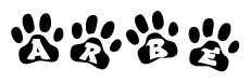 The image shows a row of animal paw prints, each containing a letter. The letters spell out the word Arbe within the paw prints.