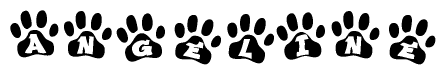 The image shows a series of animal paw prints arranged in a horizontal line. Each paw print contains a letter, and together they spell out the word Angeline.
