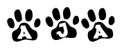 The image shows a series of animal paw prints arranged horizontally. Within each paw print, there's a letter; together they spell Aja