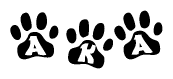 The image shows a series of animal paw prints arranged horizontally. Within each paw print, there's a letter; together they spell Aka
