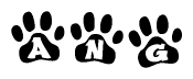 The image shows a series of animal paw prints arranged in a horizontal line. Each paw print contains a letter, and together they spell out the word Ang.