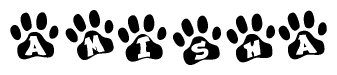 The image shows a series of animal paw prints arranged in a horizontal line. Each paw print contains a letter, and together they spell out the word Amisha.