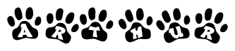 The image shows a series of animal paw prints arranged in a horizontal line. Each paw print contains a letter, and together they spell out the word Arthur.