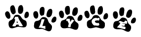 The image shows a row of animal paw prints, each containing a letter. The letters spell out the word Alyce within the paw prints.