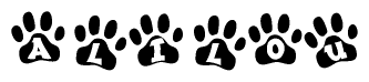 The image shows a row of animal paw prints, each containing a letter. The letters spell out the word Alilou within the paw prints.
