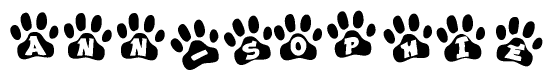 The image shows a series of animal paw prints arranged horizontally. Within each paw print, there's a letter; together they spell Ann-sophie