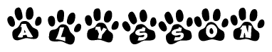 The image shows a row of animal paw prints, each containing a letter. The letters spell out the word Alysson within the paw prints.