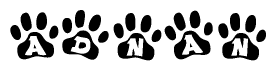 The image shows a row of animal paw prints, each containing a letter. The letters spell out the word Adnan within the paw prints.