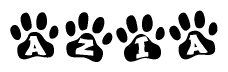 The image shows a series of animal paw prints arranged in a horizontal line. Each paw print contains a letter, and together they spell out the word Azia.