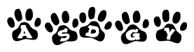 The image shows a row of animal paw prints, each containing a letter. The letters spell out the word Asdgy within the paw prints.