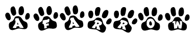 The image shows a series of animal paw prints arranged in a horizontal line. Each paw print contains a letter, and together they spell out the word Afarrow.