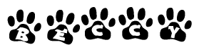 The image shows a series of animal paw prints arranged horizontally. Within each paw print, there's a letter; together they spell Beccy