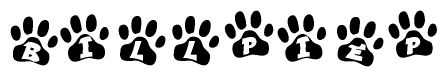 The image shows a series of animal paw prints arranged horizontally. Within each paw print, there's a letter; together they spell Billpiep
