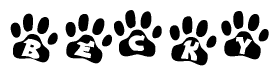 The image shows a series of animal paw prints arranged horizontally. Within each paw print, there's a letter; together they spell Becky