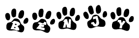 The image shows a series of animal paw prints arranged in a horizontal line. Each paw print contains a letter, and together they spell out the word Benjy.