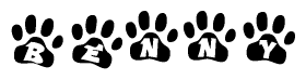 The image shows a row of animal paw prints, each containing a letter. The letters spell out the word Benny within the paw prints.