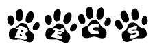 The image shows a series of animal paw prints arranged horizontally. Within each paw print, there's a letter; together they spell Becs