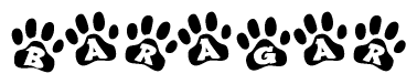 The image shows a series of animal paw prints arranged horizontally. Within each paw print, there's a letter; together they spell Baragar