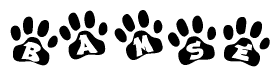 The image shows a series of animal paw prints arranged in a horizontal line. Each paw print contains a letter, and together they spell out the word Bamse.