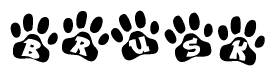The image shows a series of animal paw prints arranged in a horizontal line. Each paw print contains a letter, and together they spell out the word Brusk.