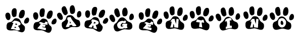 The image shows a series of animal paw prints arranged in a horizontal line. Each paw print contains a letter, and together they spell out the word Beargentino.
