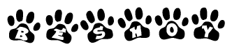 The image shows a series of animal paw prints arranged horizontally. Within each paw print, there's a letter; together they spell Beshoy